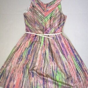 Calvin Klein Belted A-Line Sleeveless V-Neck in Pastel Print Dress | Size 8
